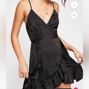 Free People All My Love Wrap Shine Mini Dress In Black Satin Sz M